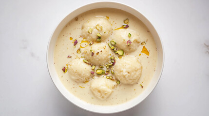 Soft, spongy Rasmalai soaked in creamy saffron milk, garnished with pistachios, served in a white bowl