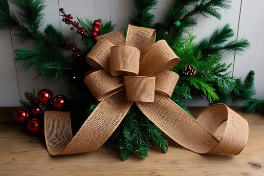Bronze Burlap Ribbon and Bow with Dark Green Against Vinery Background for Festive Decorations