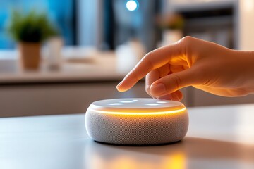 A person using a voice-activated smart home assistant, controlling lights and devices with simple voice commands