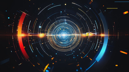 Obraz premium Abstract black background with Colorful circle lines. Digital future technology . Abstract business connection of lines from nodes innovation of communication in the network.