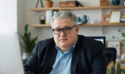 office productivity at work, pressure and team spirit, poplin polo shirt and blazer, blurry background at noon, office accessories, cactus, aged large person portrait