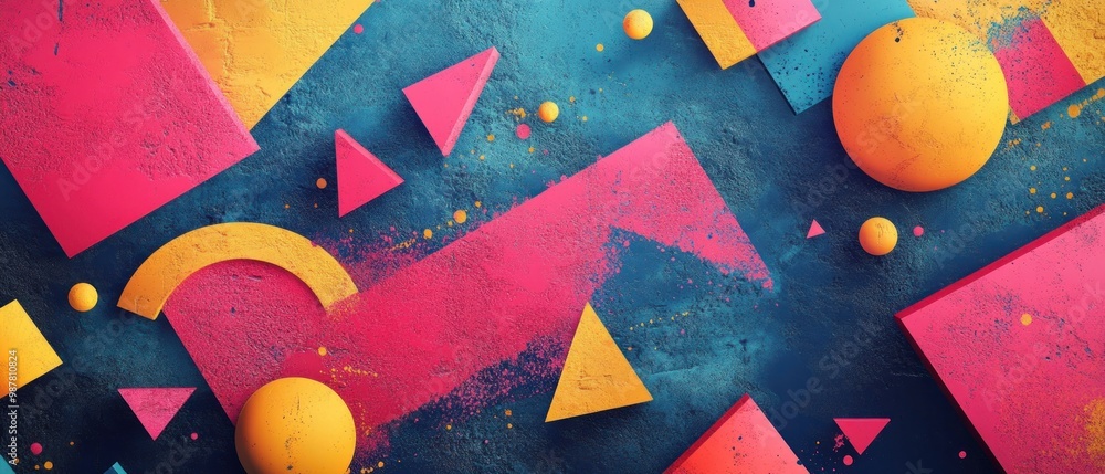 Poster abstract composition featuring colorful geometric shapes on a textured background.