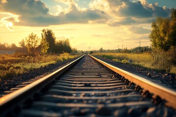 Fototapeta premium Train Tracks in Sunset with Grass and Trees