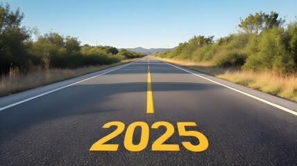 Road to 2025 with an empty highway with written 2025, generative Ai