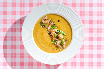 pumpkin soup with shrimp and pumpkin seeds