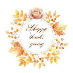 watercolor thanksgiving wreath with autumn leaves and berries