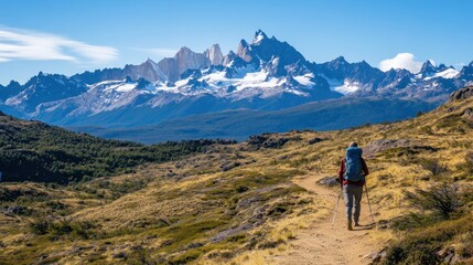 Fototapeta premium A hiker traverses a scenic mountain trail with snow-capped peaks in the background.