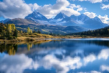 Scenic mountain lake landscape with reflection in the water