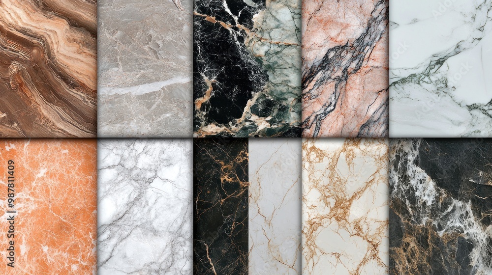 Poster a collection of marble textures showcasing various colors and patterns for design use.