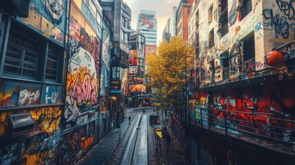 Obraz premium A vibrant urban alley filled with colorful graffiti and an autumn tree, showcasing street art culture.