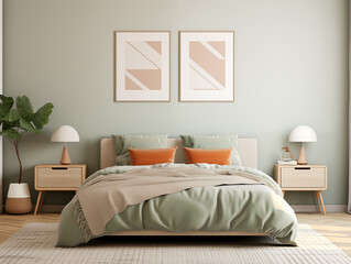 Wabi sabi and japandi japanese style rustic interior. Bedroom with sage wall and sage bed cover with terracotta accent decor. Rustic minimalist bedroom.