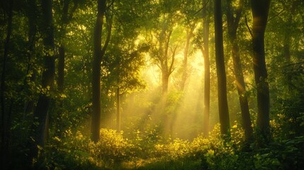 Obraz premium Sunlight Illuminating a Foggy Forest Path