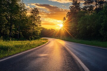 Obraz premium Asphalt road winding through green forest at sunset. Perfect for travel, journey, freedom, and hope concept