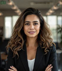 Fototapeta premium breathable neat attire and suit, inclusivity at work, curiosity and overwhelm, diffused lighting, against background at early morning, smart person portrait