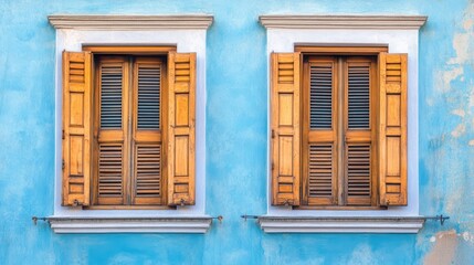 Fototapeta premium Two wooden shuttered windows on a blue wall, showcasing architectural design.