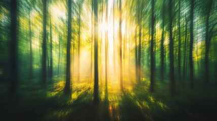 Naklejka premium Blurred motion through a sunlit forest with glowing rays of light and vibrant green foliage