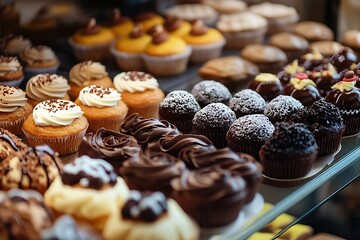Assortment of Cupcakes and Muffins Displayed in Bakery Showcase