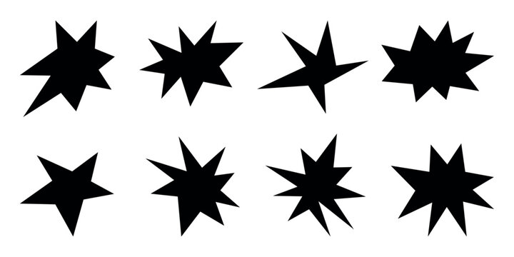 Retro shape in trendy 70s -90s Groovy style.  Abstract star spark. Black Sparkles Geometric Forms Set. Vector illustration.	
