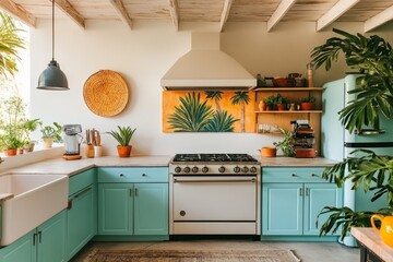 A vibrant Palm Springs style kitchen featuring a large white wall, lush greenery, and colorful decor, perfect for culinary creativity and relaxation in a sunny environment