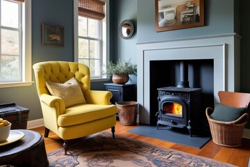 Charming Living Room Featuring Vintage Yellow Armchair and Cast Iron Stove for Cozy Ambiance