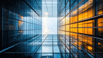 Obraz premium A View Upward Through the Glass Walls of a Modern Skyscraper