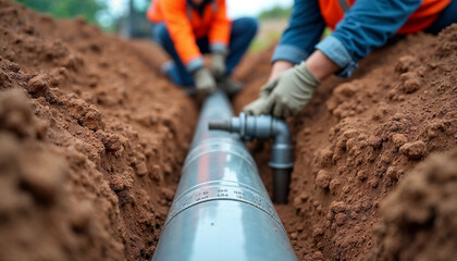 Close-up of an excavation trench for utility networks, highlighting sewer pipe installation and infrastructure work.






