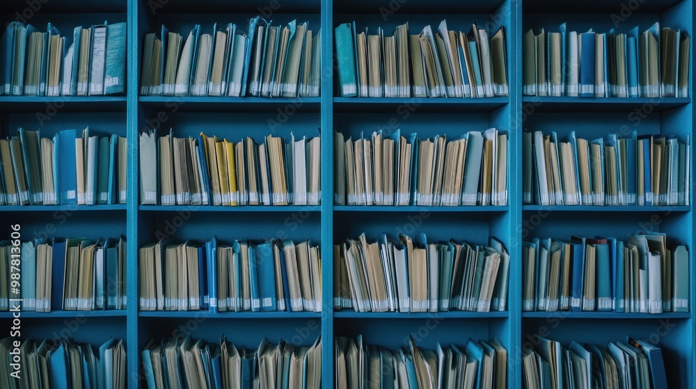 Poster a bookshelf filled with neatly arranged files and documents.