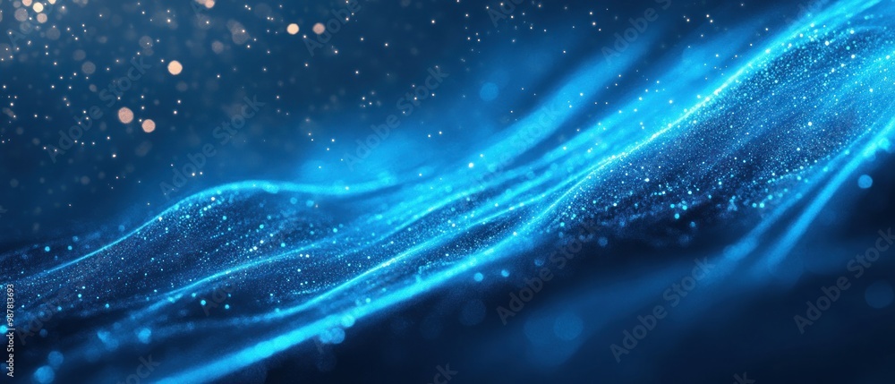 Poster a vibrant abstract representation of flowing blue waves with shimmering particles.