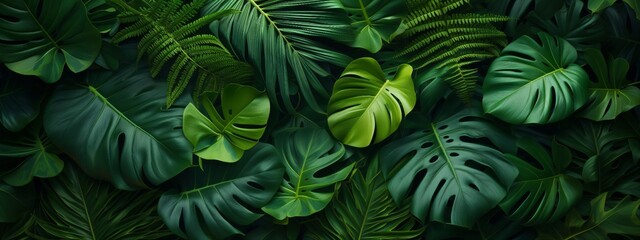 Lush green tropical foliage with a variety of leaf shapes and textures.