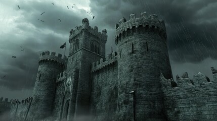 Naklejka premium A Fortified Stone Castle Under a Gloomy, Rainy Sky