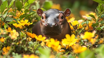 Fototapeta premium Adorable Baby Pygmy Hippo Playing Peekaboo Among Blooming Flowers in Sunlight