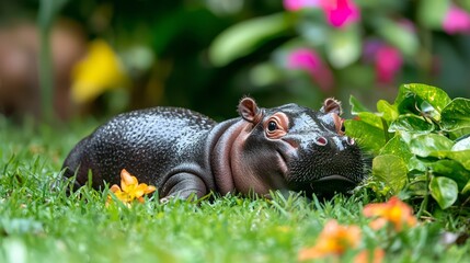 Obraz premium Adorable Baby Pygmy Hippo Playfully Rolling on Lush Green Grass with Vibrant Foliage and Colorful Flowers in Background