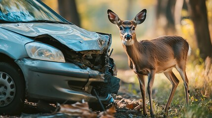 A car crashed into a deer that ran out of the woods.  The accident damaged the car and hurt the deer. This is a common problem where cars and wildlife meet.