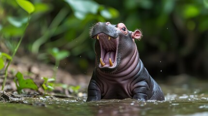 Adorable Baby Pygmy Hippo Yawning by the River - Cute Animal Wildlife Moment with Tranquil Water Background
