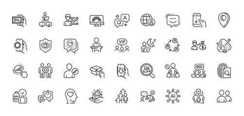 Friends chat, Graph chart and Hold box line icons pack. AI, Question and Answer, Map pin icons. Eye protection, Employees teamwork, Download app web icon. Vector