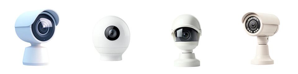 Various modern cameras with unique designs, white isolated background. transparent background
