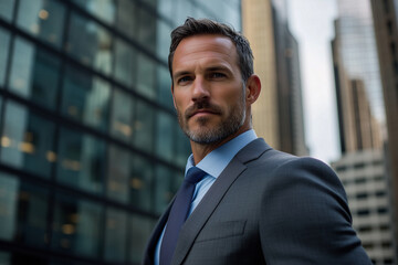 Fototapeta premium A confident businessman in sleek attire stands proudly in the bustling dusk city, exuding ambition