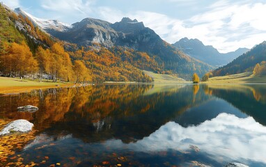 Naklejka premium A serene mountain lake reflects the vibrant hues of autumn foliage and a clear blue sky.