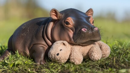 Fototapeta premium Adorable Baby Pygmy Hippo Cuddling Plush Toy on Grass Under Clear Sky
