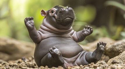 Fototapeta premium Adorable Baby Pygmy Hippo Enjoying Playtime - Cute Animal Photography of a Tiny Hippopotamus Lying on Its Back and Wiggling Its Legs