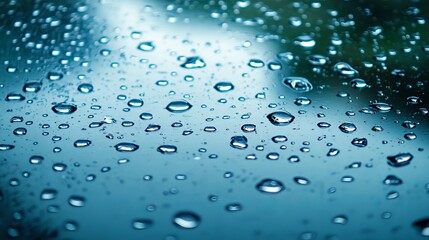Water droplets collect on the car window during rain. Condensation forms these droplets, caused by water vapor in the air turning into liquid when it cools.