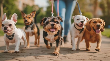 A dog walker is shown with a bunch of cute puppies on leashes. The walker is taking the dogs for a walk, and they are all different breeds.