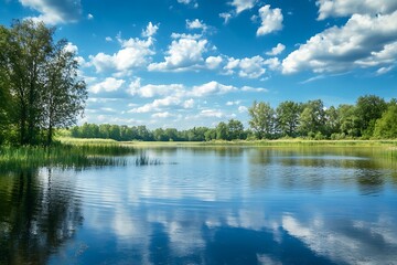 Scenic lake with blue sky and fluffy clouds reflecting on the water surface