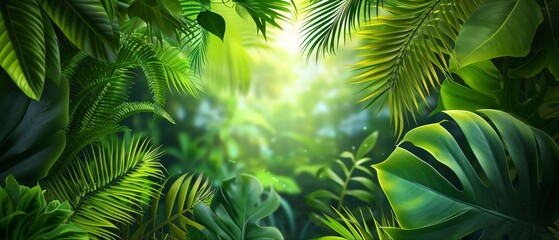 Lush green tropical leaves frame a blurry, sun-drenched jungle background.