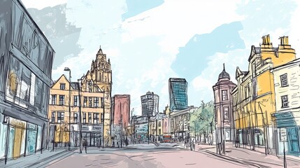 Naklejka premium A hand-drawn sketch of Birmingham, a city in England, part of the United Kingdom and Europe.