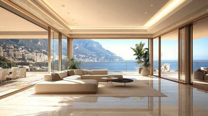 Luxurious beige modern penthouse in Monaco featuring expansive windows with stunning daylight and breathtaking views of the coastline and mountains