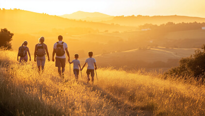 A joyful family hikes together at sunset, surrounded by golden fields and rolling hills