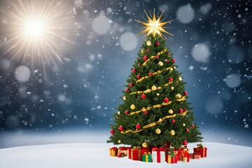 Obraz premium Joyful Holiday Scene of a Radiant Christmas Tree in a Snowy Background