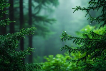 Obraz premium Mysterious Foggy Forest With Sunlight Breaking Through Branches