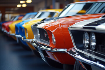 A vibrant display of American muscle cars lined up, showcasing their powerful legacy and design